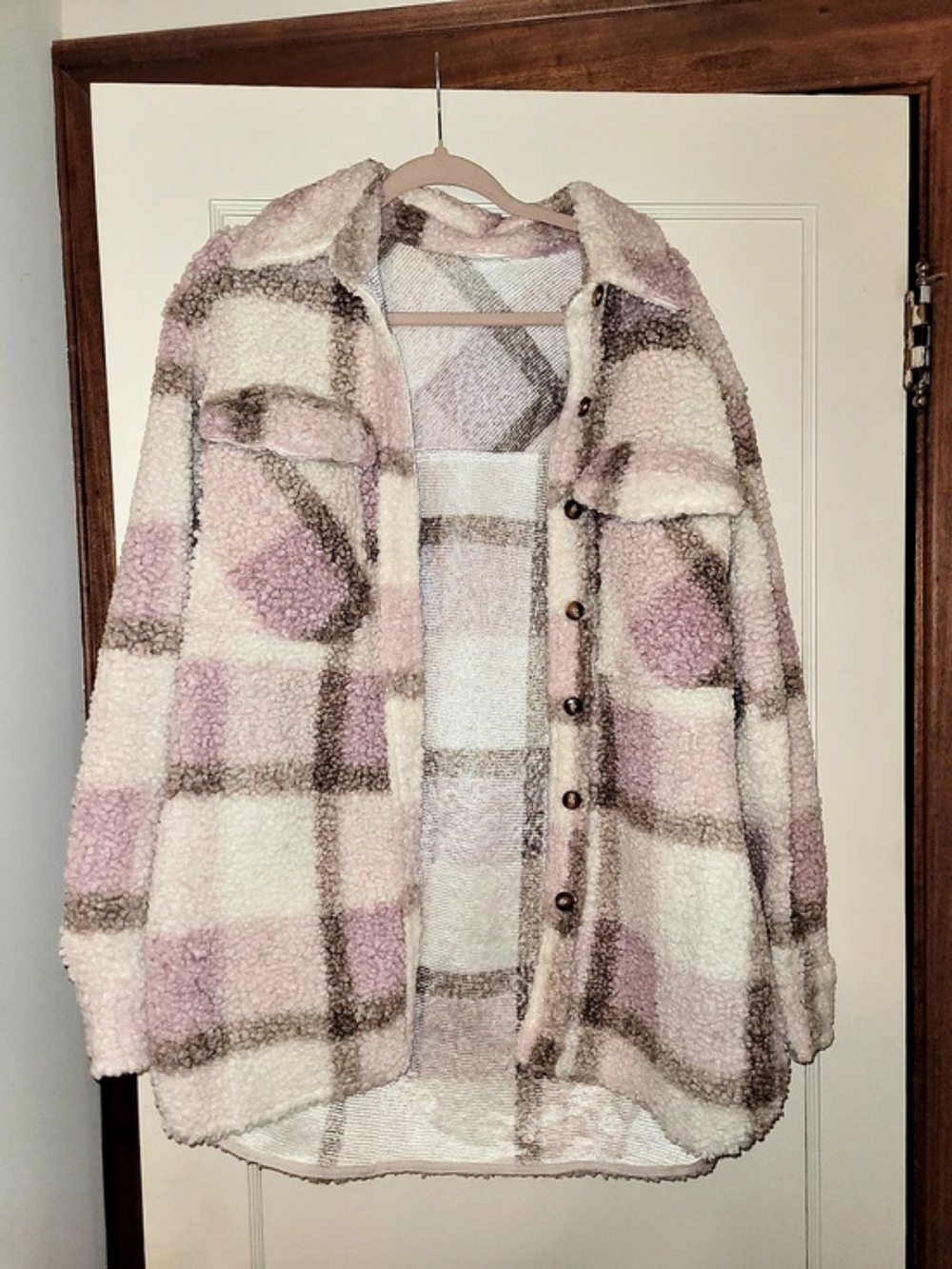 Allie Rose Plaid Teddy Jacket in Pink & White Like New